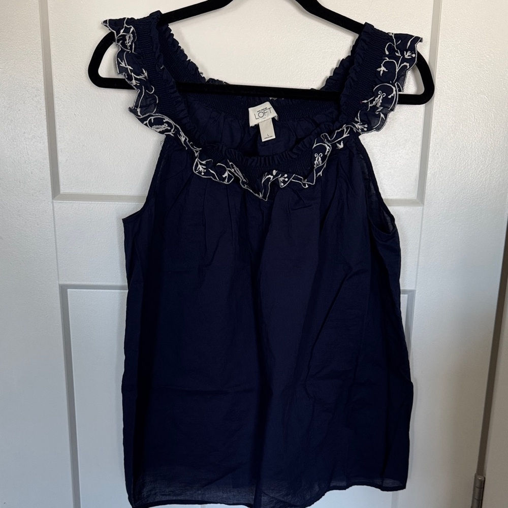 LOFT Outlet Navy Blue Ruffle Tank Top